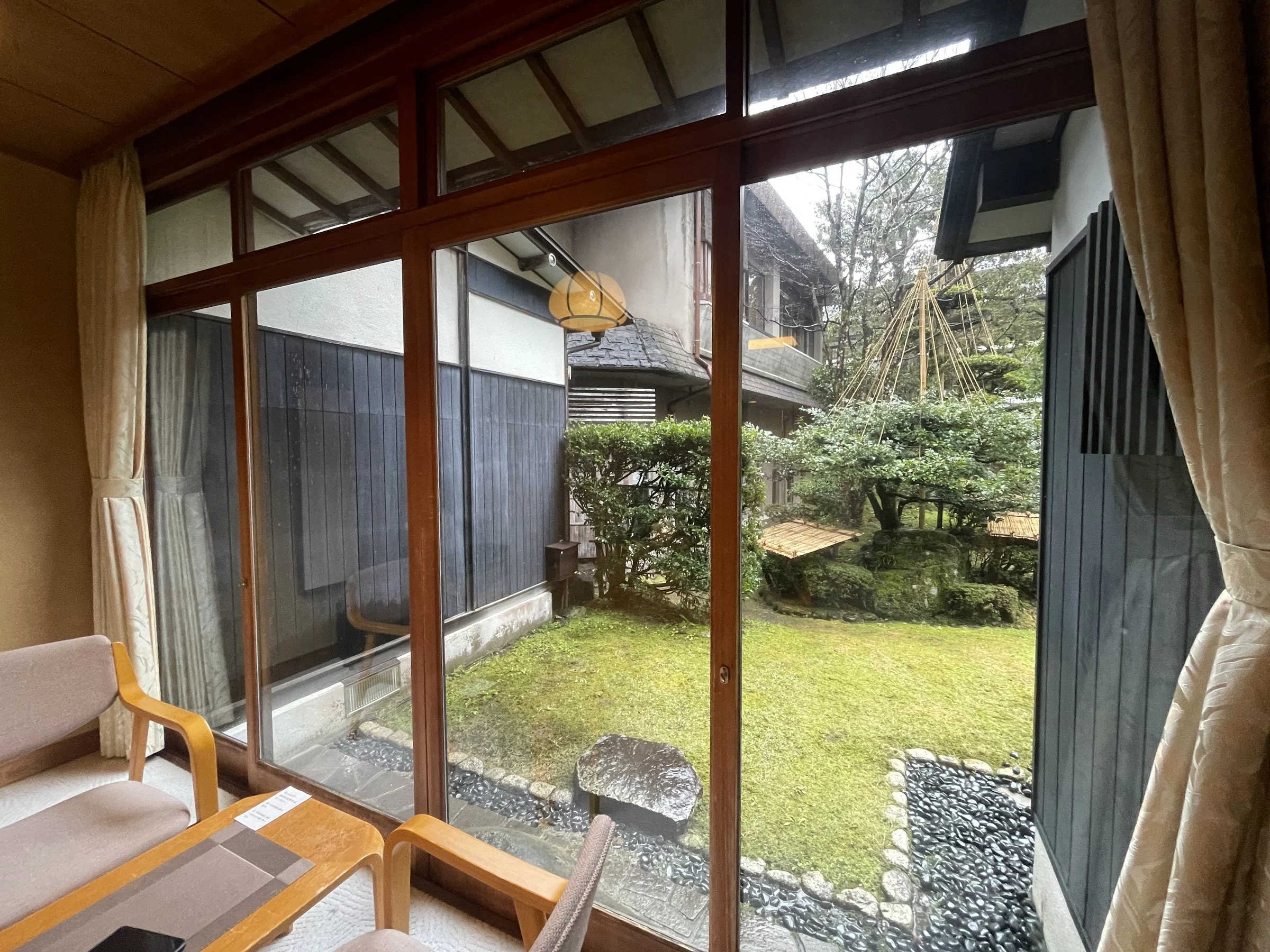 Our room’s private garden, seen through the full-height windows of the veranda.