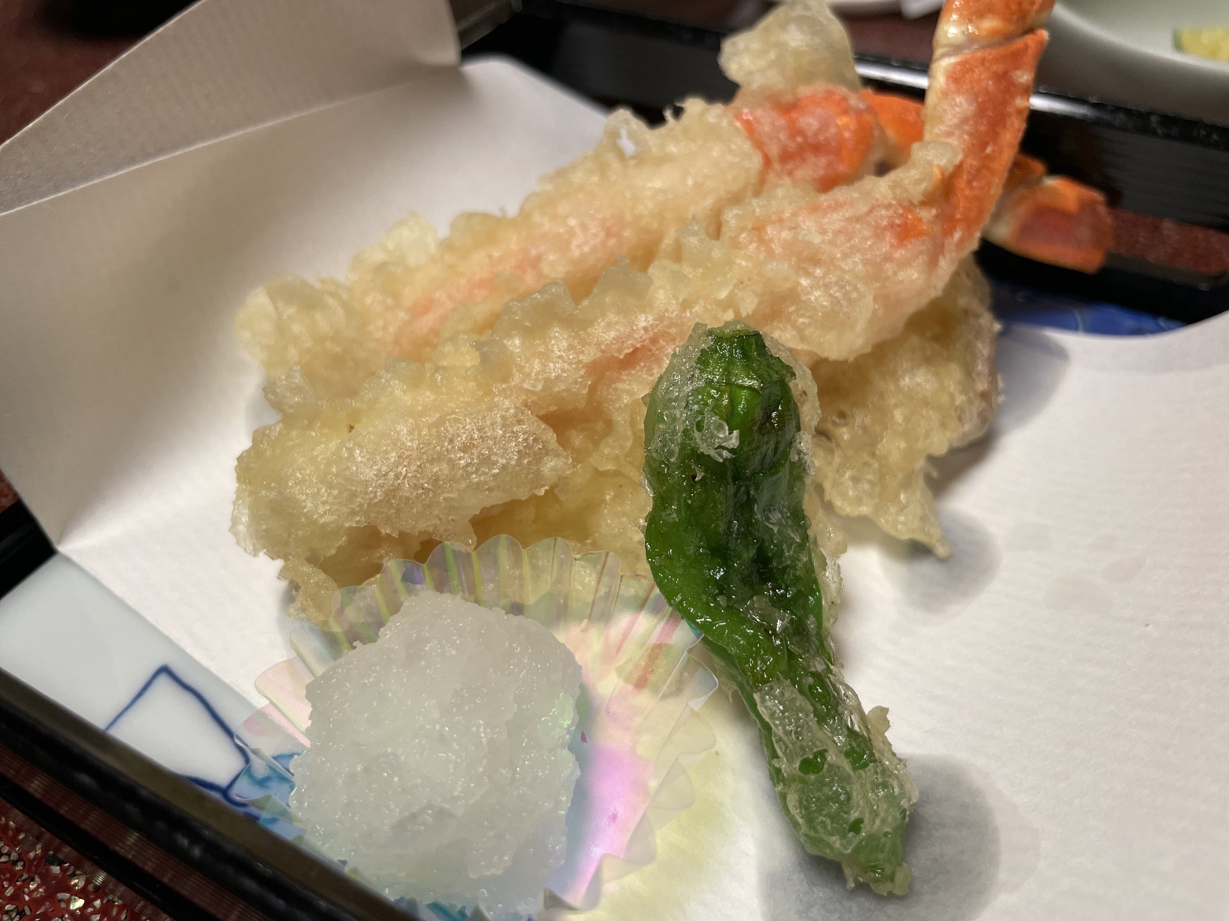 Crab tempura with a green pepper.