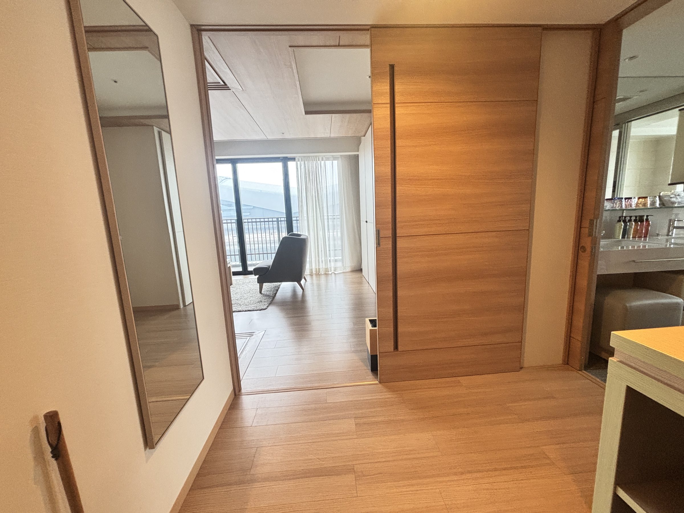 Inside the entrance: a full-length mirror and a view through to the windows.