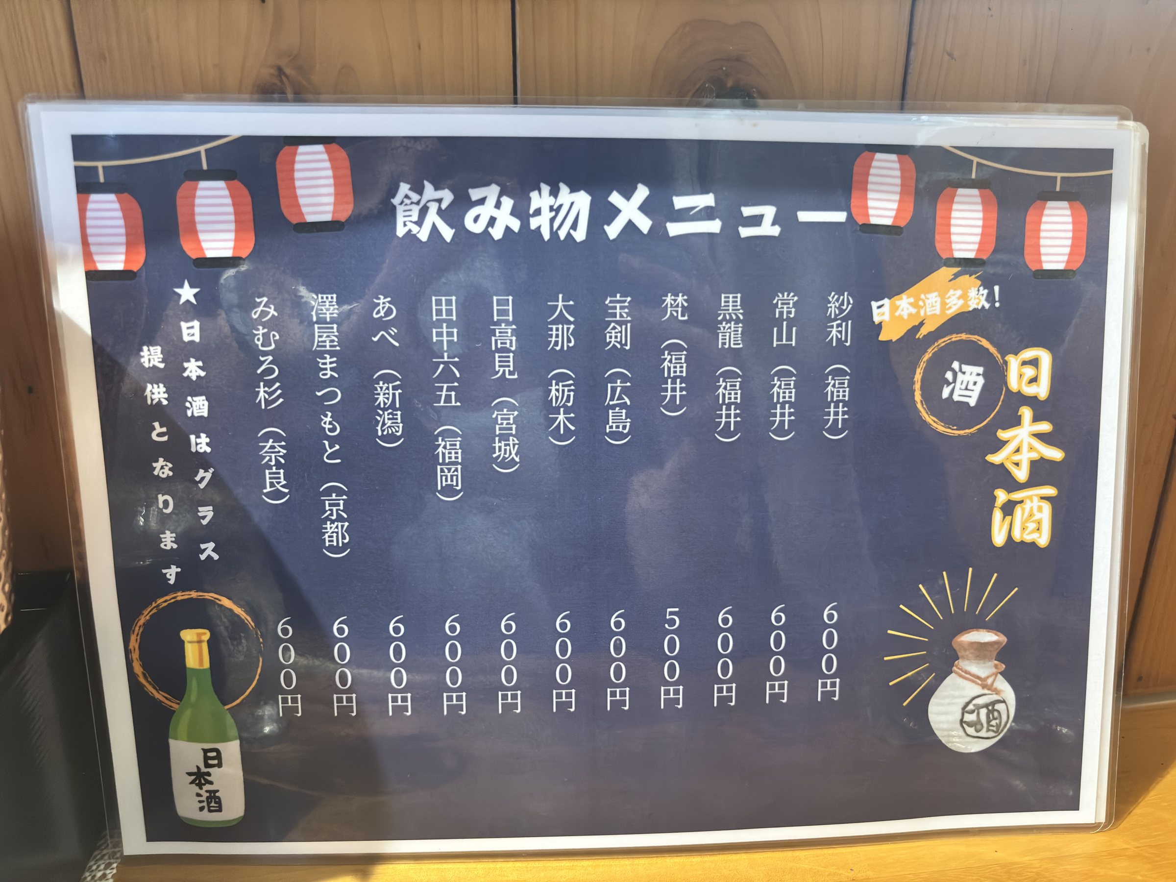 A drinks menu listing sake by the glass.