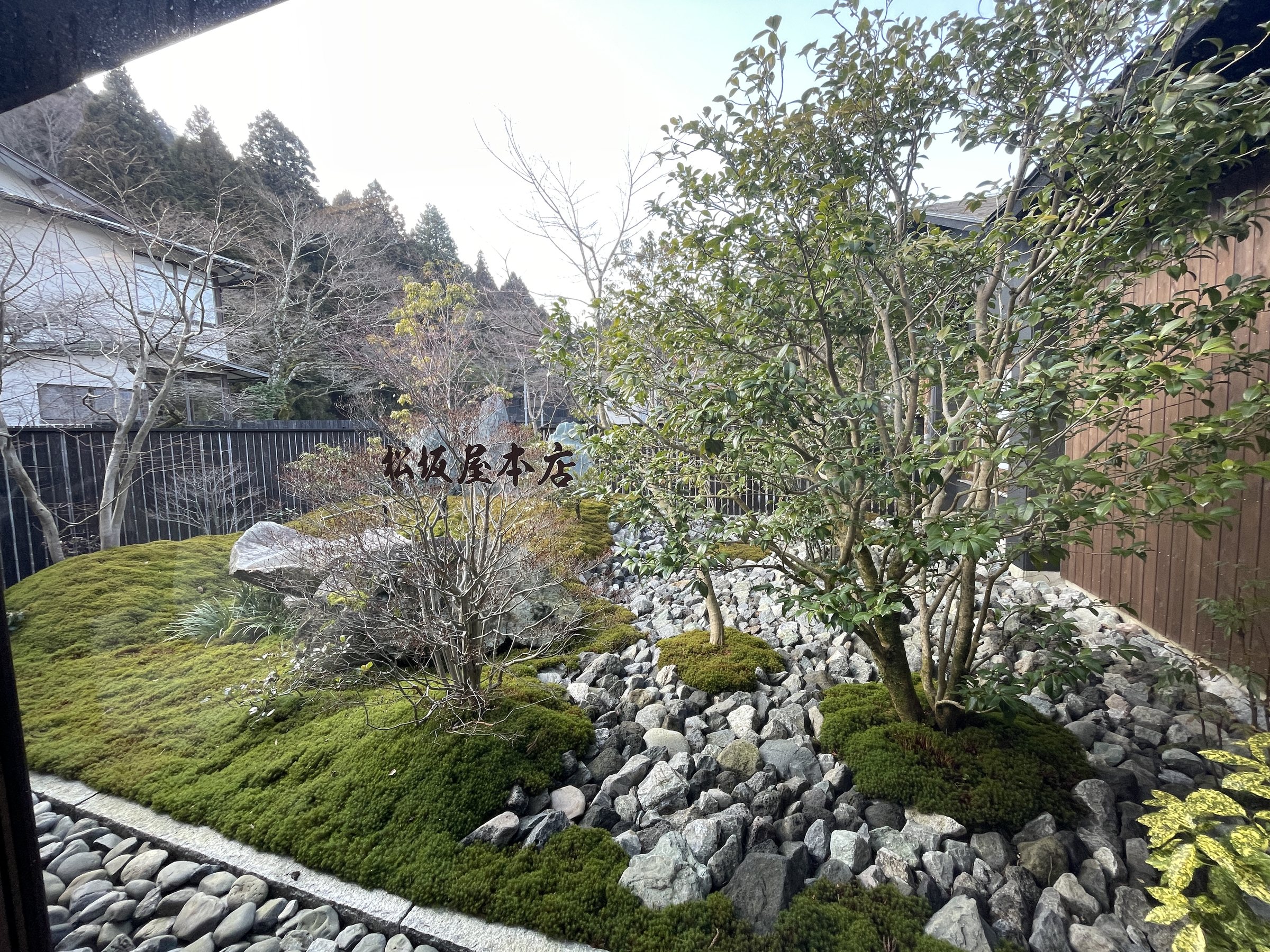 The garden: moss, river stones and a young tree beneath the hills.