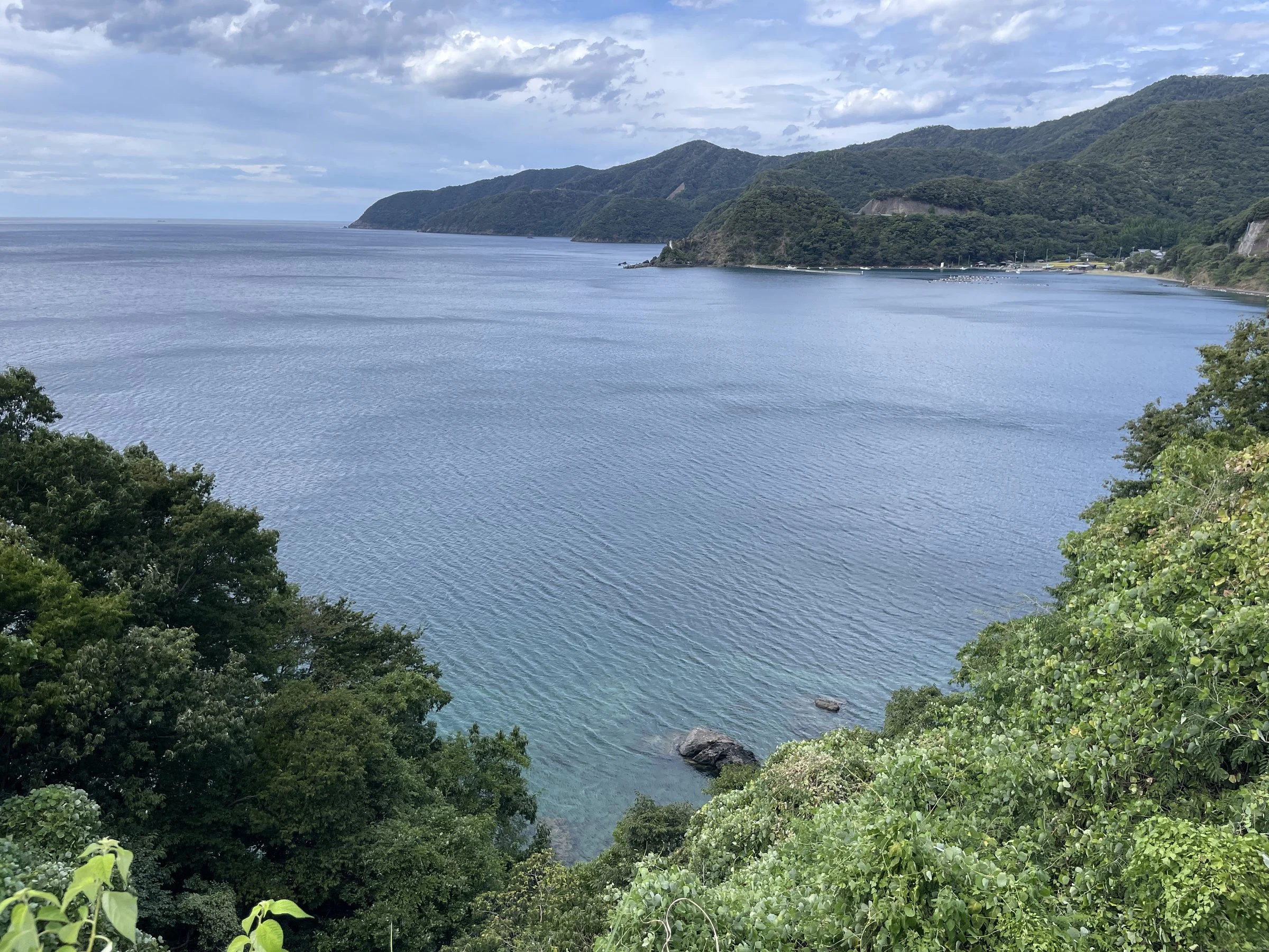 The Wakasa coast in summer: green headlands falling into a calm blue sea.