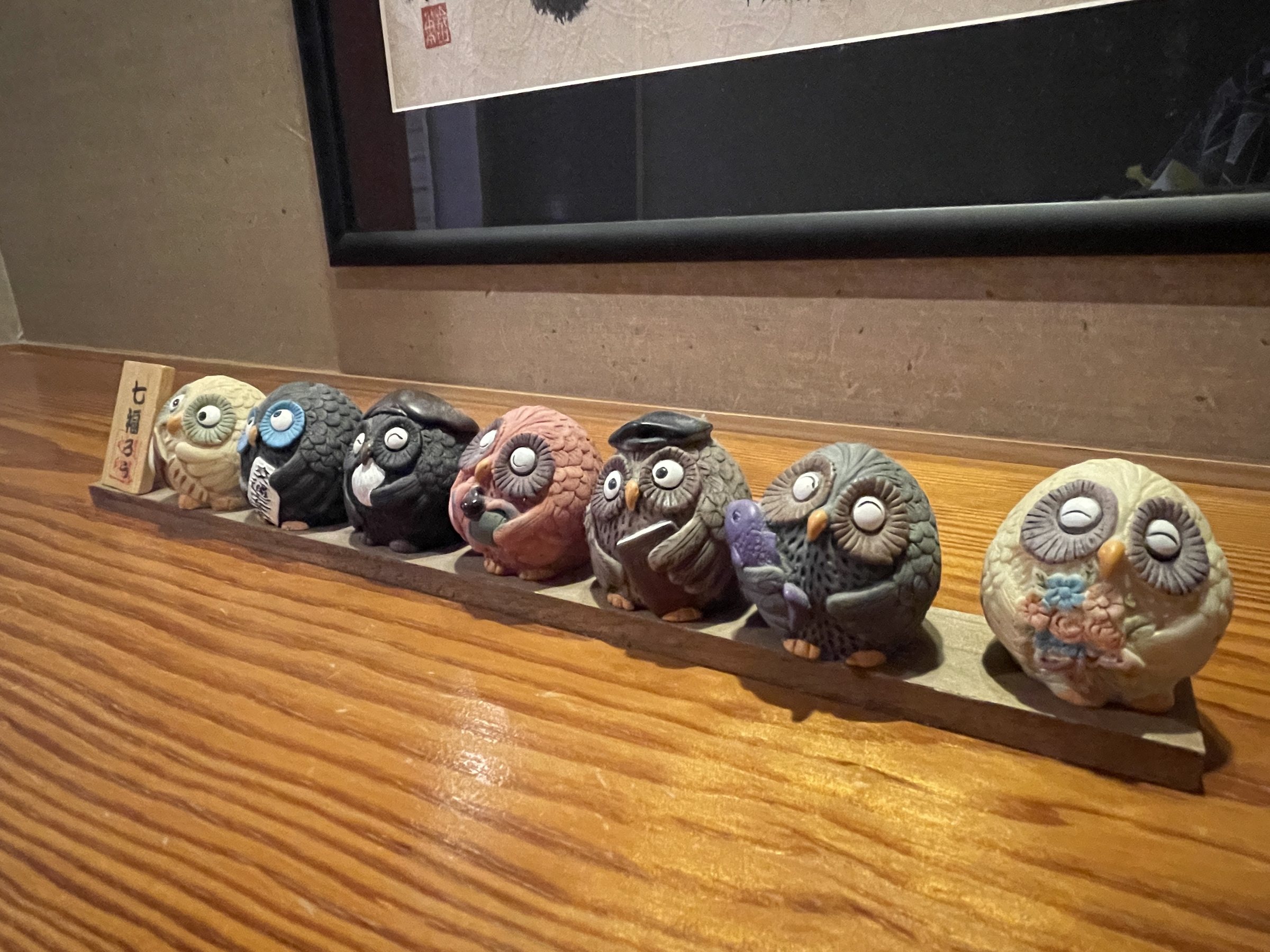 A row of ceramic owls on a polished wooden counter.