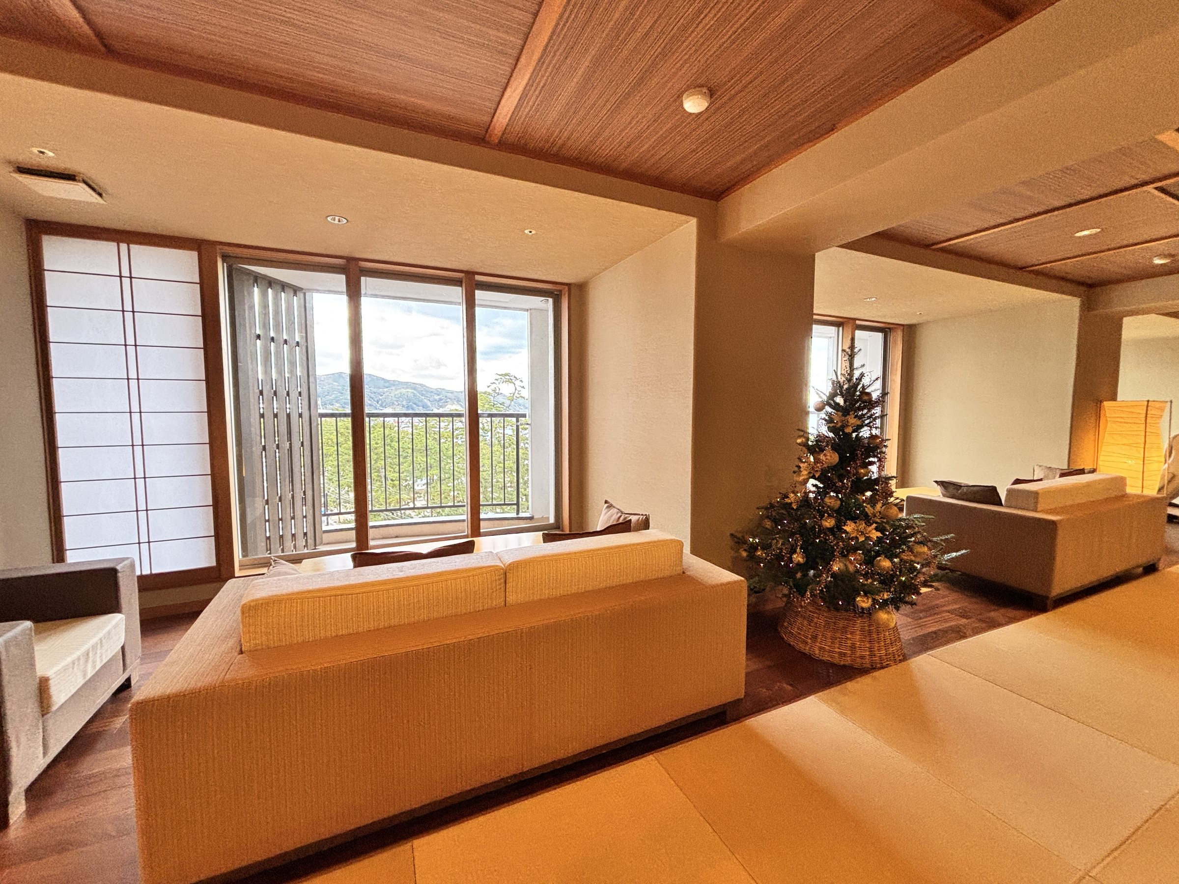 A lounge with sofas and a Christmas tree on the way to the baths.