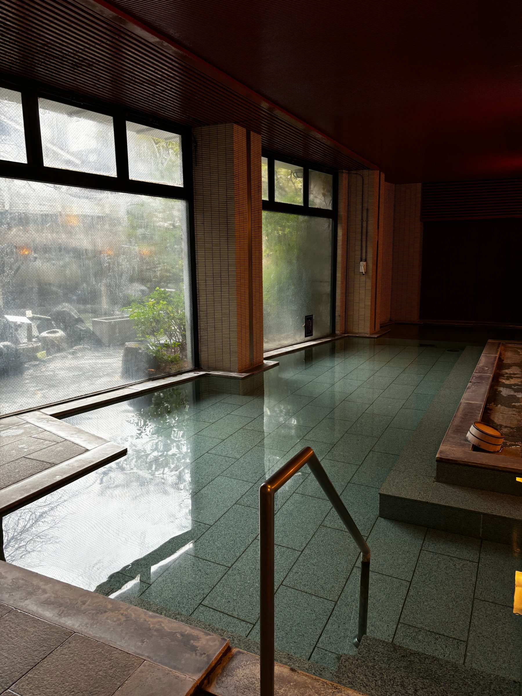 The stone-lined indoor bath, with large windows onto the garden.